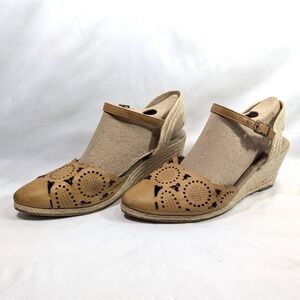 Rialto Tan Espadrille Wedges; Laser Cut Ankle Strap Size 8.5